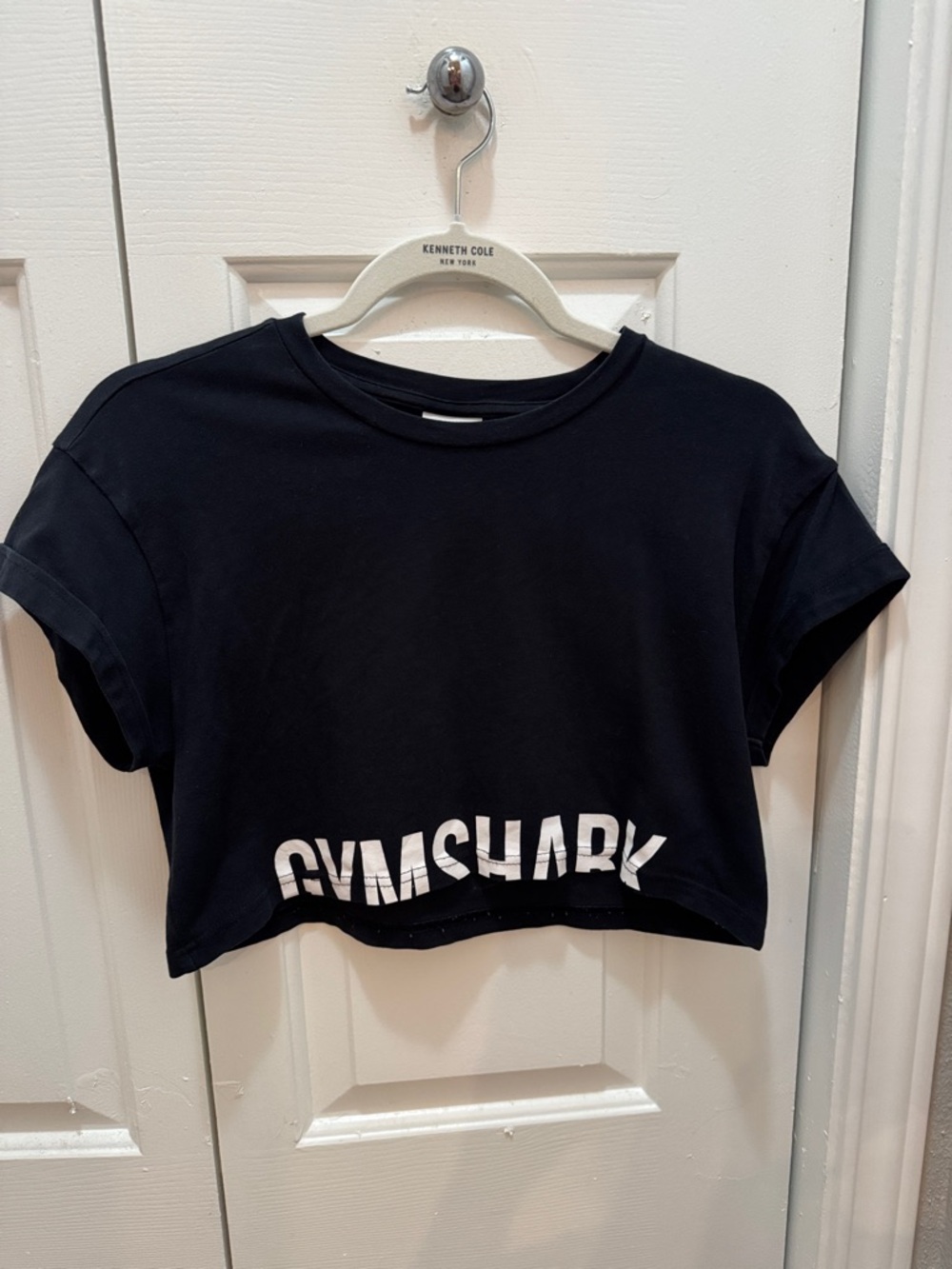 Gymshark Women’s Black Cropped Logo Tee with White Print- Size Small